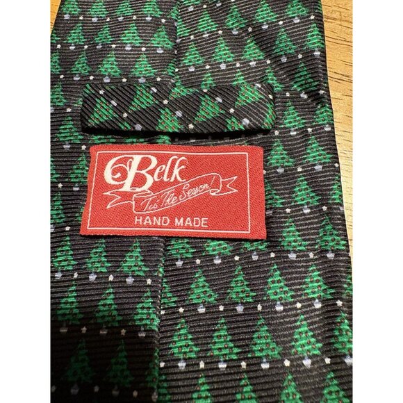 BELKS Christmas Tree 100% Silk Tie Mens Classic Holiday Party Church Navy Green - Picture 4 of 4